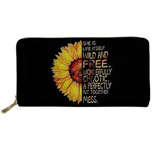 SENATIVE Vrouwen Lange Slanke Purse Mode Muti-Card Clutch Bag Pecfect Gift voor Lover, Half Zonnebloem Woorden (zwart) - 20201008-68