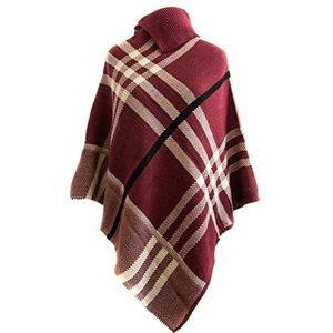 Missmister® Dames Womens Winter Hoge Polo Neck Gebreide Tartan Check Poncho Sjaal Trui Wrap Cape - (UK 8-16) - rood - Een maat