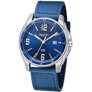Regent Heren horloge BA-644 blauw leer en textiel band, zilver-blauw, Riemen.