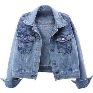 Pegsmio Koreaanse Splicing Denim Jas Lente Vrouwen Vintage Wassen Losse Korte Bovenkleding Grote Pocket Jeans Jas, Blauw, S