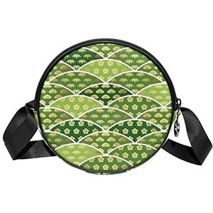 Ronde Crossbody Tas Traditionele Japanse Gunstige Patroon Met Groene Grenen Bamboe Pruim Messenger Bag Purse Voor Vrouwen, Meerkleurig, 6.7x6.7x2.3 in, Sling Rugzakken