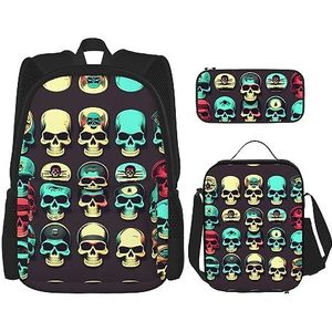 YANDM Blue Sea Turtle Pint Rugzak 3 Stuks Set Reizen Wandelen Lichtgewicht Laptop Etui Geïsoleerde Lunch Tas voor Vrouwen, Cool Retro Skull Head Graphics, Eén maat