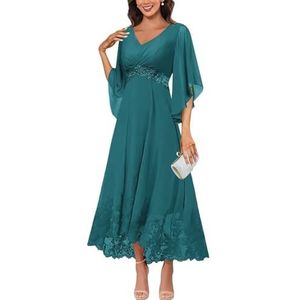 KURFACE Jurken voor dames, V-hals, moeder van de bruid met mouwen, kanten applicatie, chiffon, formele avondjurk, Turkoois, 32
