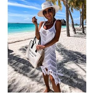 Badmode Bikinihoes gehaakt witte tuniek bikini cover-up sexy uitgeholde jurk dames zomerjurken Zie door de strandkleding kwasten Outwear (Kleur: AYM23023W1, Maat: