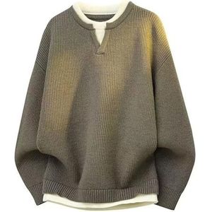 Heren Ronde Hals Trui, Nep Tweedelige Trui for Een Jeugdige Gelaagde Casual Look(Khaki,XXXX-Large)