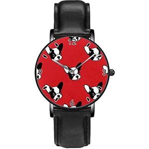 Franse Bulldog Hond Rode Persoonlijkheid Business Casual Horloges Mannen Vrouwen Quartz Analoge Horloges, Zwart