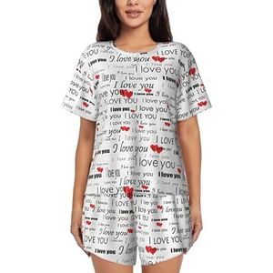 I Love You Words With Hearts Print Dames Zomer Pyjama Sets Nachtkleding Dames Korte Mouw Nachtkleding Pjs Lounge Met Zakken, Zwart, XXL
