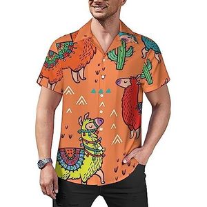 Alpaca lama cactus casual overhemden met knopen voor heren, korte mouwen, Cubaanse kraag, T-shirts, tops, Hawaiiaans T-shirt, L