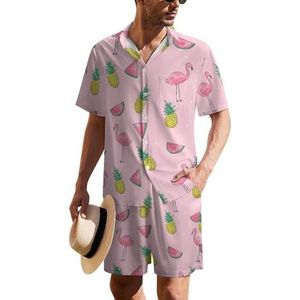 Tropisch fruit en flamingo Hawaïaans pak voor heren, set van 2 stuks, strandoutfit, shirt en korte broek, bijpassende set
