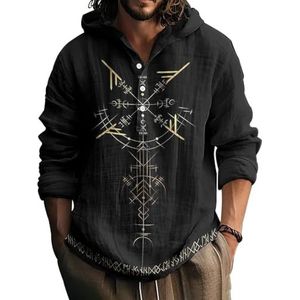 JHBTFQ Viking Heren Hoodie 3D-print Bamboe-linnen Stof Met Capuchon Kraag Knopen Shirt Lange Mouwen Noords Cadeau,Viking symbols,3XL