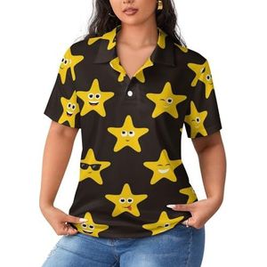 Grappige glimlachende sterren dames sportshirt korte mouw T-shirt golf shirts tops met knopen workout blouses