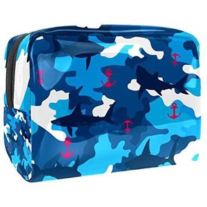 Draagbare make-up tas met rits reizen toilettas voor vrouwen handige opslag cosmetische zakje roze anker marine haai blauw camo