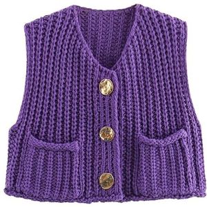 Womens Chunky Knit Crop Sweater Vest Casual,Crop Chunky Crochet Vest Tops Trendy Casual Sleeveless Knit Sweater Vest Cardigan (X-Small,Purple)