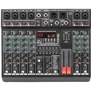 Professionele audiomixer 6 Kanalen Audio DJ Mixer Individuele 48 V 2 AUX Uitgang Mixing Console 99 Effect USB Bluetooth Play Sound Mix Tafel
