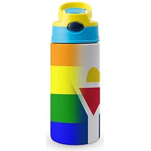 LGBT Pride Franse Saint Martin Vlag 350 ml waterfles met rietje, koffiebeker, waterbeker, roestvrijstalen reismok voor dames en heren, blauwe stijl