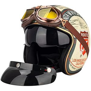 Open Motorhelm Motorhelm Heren Dames Motorhelm Halfhelm Met Vizier En Bril Jet Motorhelm Retro ECE-Gekeurd, Snelsluiting D,L