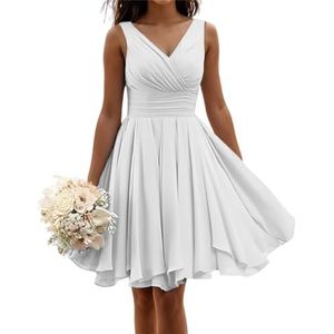 Korte bruidsmeisjes jurken voor vrouwen mouwloze geplooide chiffon V-hals A-lijn formele jurken avondjurken, Wit, 46