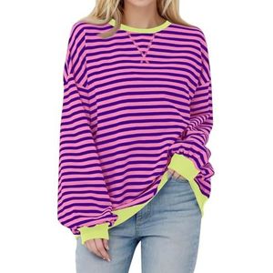 Womens Oversized Striped Sweatshirt Casual Long Sleeve Color Block Crewneck Pullover Tops Fall Outfits Y2k Clothes (Hot pink,XL)
