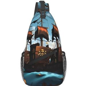 Leuke kleine vlinder geschikt voor sport, hardlopen, reizen, outdoor heren en dames crossbody tassen, Cartoon Piratenschip, Eén maat, Retro