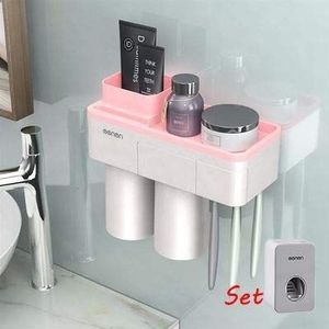1Set Creative Magnetische Adsorptie Tandenborstelhouder Wall Mount Badkamer Cleanser Storage Rack badkamer accessoires Set (Color : Pink 2set)