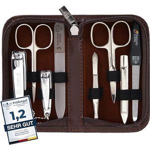DREI SCHWERTER - 8-delige manicureset 'Roma' | Hoogwaardige nagelverzorgingsset in bruin kunstleren etui | inhoud: nagelschaarset, voet- en nagelknippers, pincet, glazen nagelvijl, saffiernagelvijl