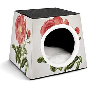 Decoratief Kattenhuis Kattenbed Kubusvorm Kattenholte Hondenhuis met Uitneembaar Kussen Rode bloemen bloeien