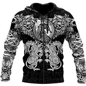 Noorse Mythologie Full Zip Hooded Sweatshirt, Mannen Viking Celtic Dragon Tatoeages Lange Mouw Hoodies Pullover, Fashion Middeleeuwse Vintage Koord Hooded