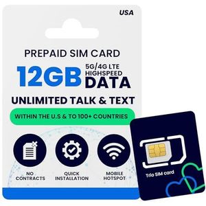 Lycamobile 60 dagen USA prepaid simkaart met 12 GB hoge snelheid 4G LTE/5G data met hotspot, internationaal gesprek en sms naar meer dan 100 landen, snelle activering, drievoudige Amerikaanse mobiele