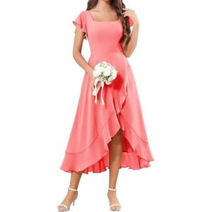 Korte Mouw Bruidsmeisje Jurken voor Bruiloft Hoge Lage Chiffon Formele Avond Party Maxi Gown Thee Lengte AH157, Koraal, 34