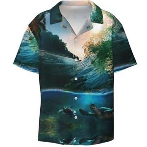 EdWal Palmbomen en zeeschildpadden duiken onderwater print heren casual button down shirts korte mouw jurk shirts atletische slim fit korte mouw, Zwart, XXL