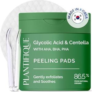 PLANTIFIQUE Koreaanse Glycolic Acid Pads met CICA, 60 Stuks – AHA, BHA, PHA exfoliërende pads voor zachte huidvernieuwing, toner pads voor alle huidtypes, vegan formule, navulbare verpakking.