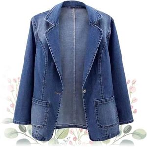 YHTRFD Denim blazer voor vrouwen, klassieke denim blazer voor dames, formele vintage wasjas met lange mouwen en één knop jas met zakken, Blauw, 2XL(55-60kg)