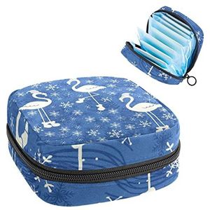 Flamingo met kersthoed sneeuwvlokken blauwe print periode tas voor tiener meisjes dames dames maandverband opbergtas met rits nylon draagbare opslag menstruatiepadtas