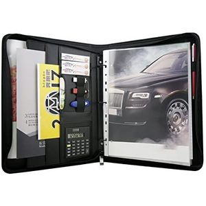 Afneembare Ringbinder en Notepad, A4 PU leren 3-rings map met rits, organizer, notitieblokvakken, pennenhouder, zwart(Black B)