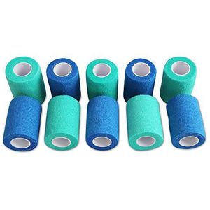 PintoMed Cohesief verband - 5 blauw + 5 groen - 10 rollen x 7,5 cm x 4,5 m zelfklevend flexibel verband, eerste hulp, verwondingen