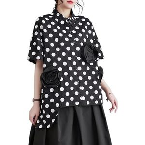 Dames Revers Half Mouw Polka Dot Gedrukt T-shirt Tops Mode 3D Bloemen Verfraaid Shirts Losse Casual Blouse(Color:Black)