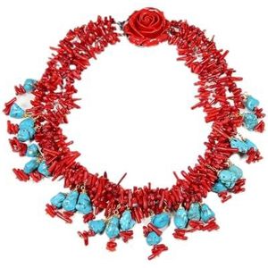 PYRJLMYQ 45,7 cm 3 strengen rode koraal chips blauw turquoise hanger halsketting handgemaakt voor vrouwen, Eén maat, Agaat