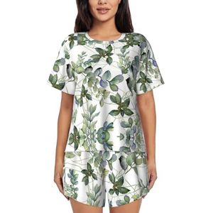 RIVETECH Groene pyjamaset met eucalyptusbladeren voor dames met korte mouwen - comfortabele korte sets, nachtkleding met zakken, Zwart, XL
