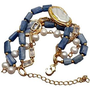 Armbanden 4 strengen gekweekte witte parel blauwe kyanite Cz ketting statement armband hiphop for dames (Color : White)