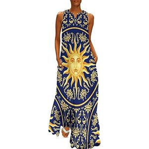 Celestial barok blauw goud zon gezicht dames enkellengte jurk slim fit mouwloze maxi-jurk casual zonnejurk S
