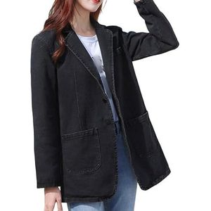 Dames Spijkerjack,Gewassen Denim Blazer Voor Dames, Casual Blazer, Ingekeepte Revers, Jean-Jasje, Halflange Boyfriend Jas, Vest, Overgangsjack Voor Herfst, Lente, Zwart, M