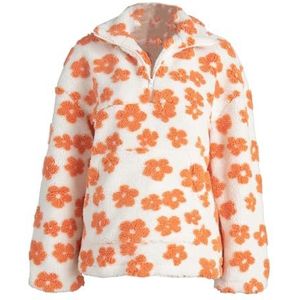 Dames Floral Sherpa Pullover Kwart Rits Oversized Fleece Jas Met Zakken Y2K Stijl(Orange,XXL)