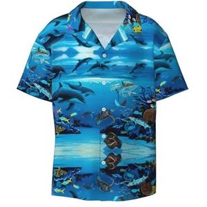 TyEdee Sea Blue Marine Life Print Heren Korte Mouw Jurk Shirts met Zak Casual Button Down Shirts Business Shirt, Zwart, 4XL