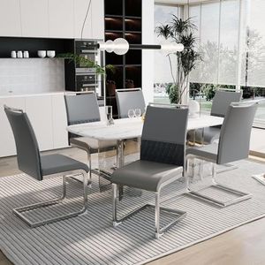 BXEYXE Moderne eetkamerstoelen, set van 6 stuks, rugleuning van PU-kunstleer en linnen, hoge rugleuning, gewatteerde zijstoel, dwarsstrepen, rugleuning design voor eetkamer, keuken, gastenbureaustoel,