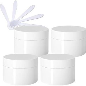 YKMYXZ, 4 stuks, lege dikke glanzende witte plastic cosmetische potten van 100 ml met schroefdeksel, binnenvoering, monsterflessen for op reis + 4x spatels