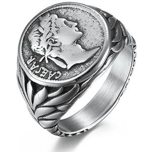 Europa en de Verenigde Staten stijl Romeinse rijk Julius Caesar roestvrijstalen ring ring vintage munt Caesar hoofd tij hand sieraden (Color : Steel, Size : 7#)