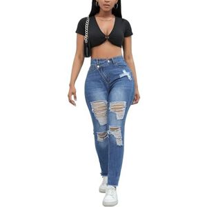 OHERUWKLS Dames Gescheurde Hoge Taille Met Knopen Slim Fit Boyfriend Small Feet Denim Broek,Dark blue,L