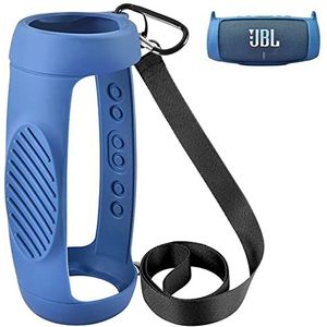 Siliconen beschermhoes voor JBL Charge 5 Bluetooth-luidspreker, draagbare draagtas met verstelbare schouderriem en karabijnhaak (blauw)