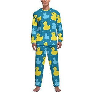 Gele rubberen eenden zachte heren pyjama set comfortabele loungewear top en broek met lange mouwen geschenken M