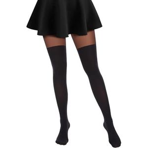 MANZI Mock Hold Ups Panty Plain Dij Hoog Look Kousen Jarretel Zwarte Panty, Zwart, One size